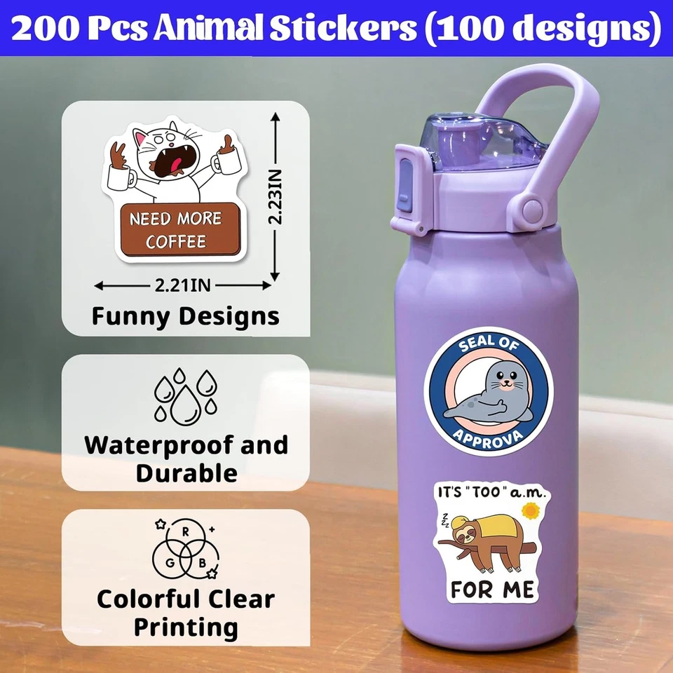 200 PIEZAS Divertidas Pegatinas de Citas de Animales, Lindo Rojo, Amarillo, Naranja, Verde, Azul  Foto 3 de 4