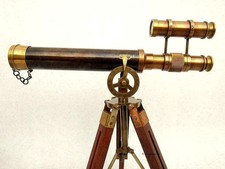 14" Antique Finish Double Barrel Brass Marine Telescope on Wooden Tripod Stand