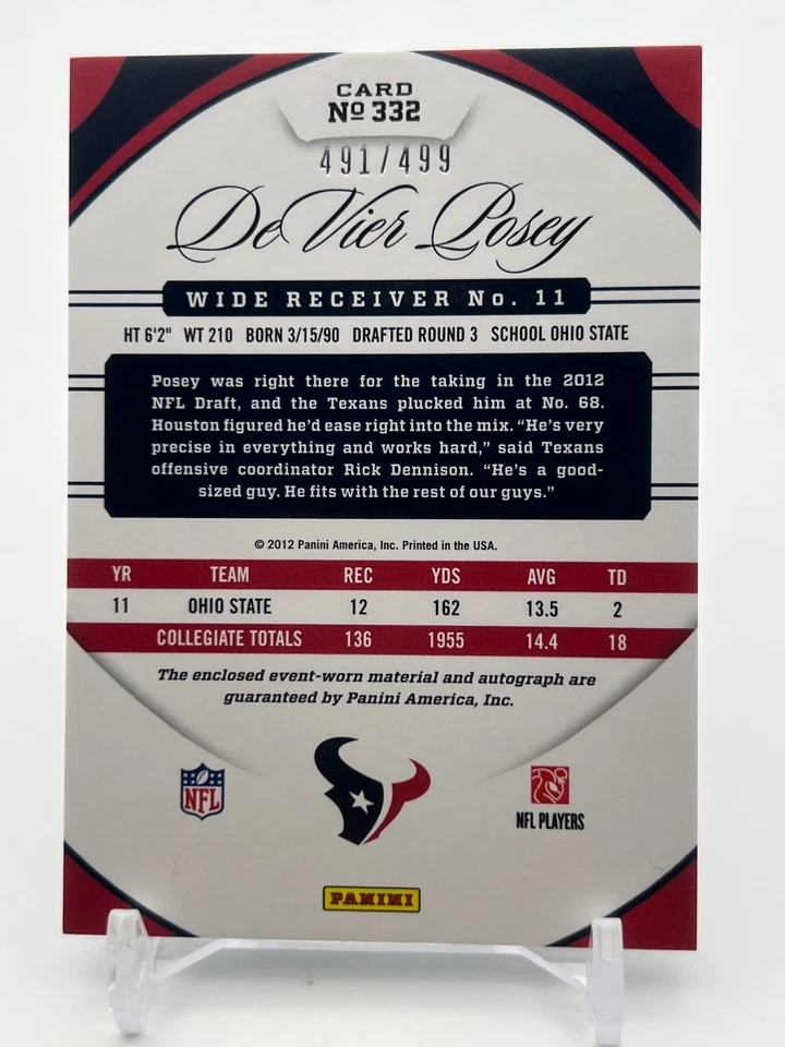 2012 Panini Certified - Freshman Fabric DeVier Posey # /499 RC Auto Patch RPA - Image 2 of 2