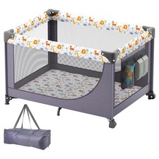 Baby Travel Crib and Play Yard, Folding Baby Playpen with Soft Mattress Pad, Por