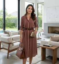 Isabel Marant Etoile Shirt Dress Womens 44 Brown Stripe Linen Silk Pockets