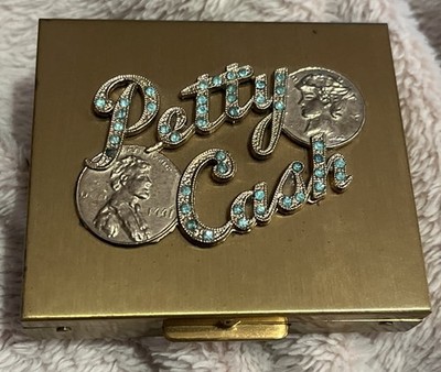Vintage Gold Tone Petty Cash Box W/ Aqua Rinestones Compact 1950s, Coins On Top