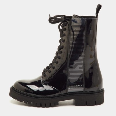 Moschino Size 36 Black Patent Leather and PVC Logo Lace Up Combat Boots