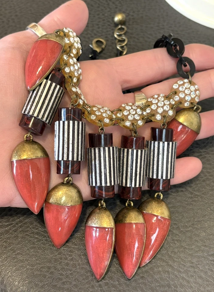 LULU FROST Necklace Deco Rhinestone Enamel Blogger Fave Statement Necklace 18" - Image 3 of 4