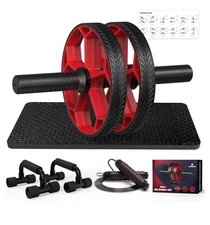 AB Wheel Roller Kit with Push-Up Bar, Knee Mat, Jump Rope and Hand Gripper -Home