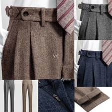 Retro Men's Tweed Herringbone Pants Woolen Casual Business Trousers Dress Formal