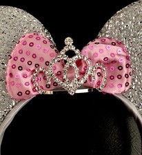 Minnie Mouse Ears Headband Princess Rhinestone Tiara Silver with Pink Bow Party