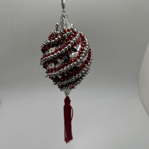 Vintage Push Pin Ornament Ball Sequin Beaded Red Christmas 8” Ornament - Picture 5 of 8