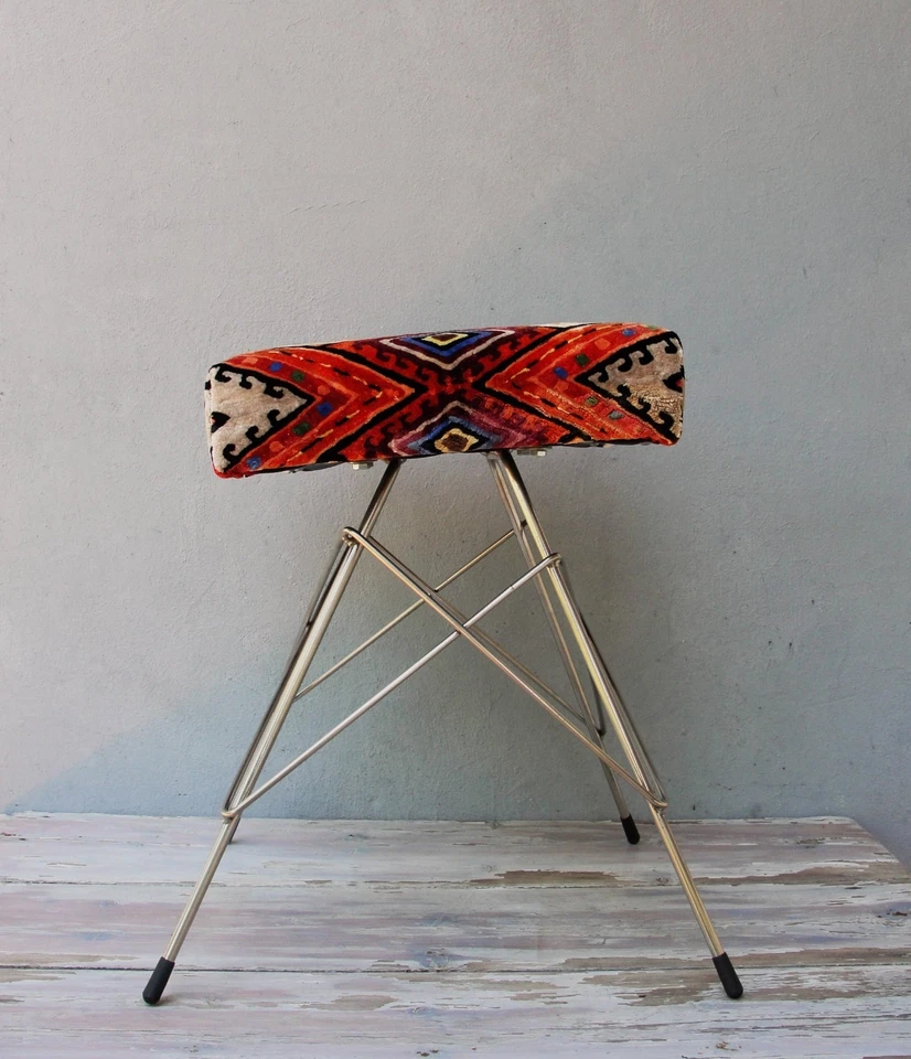 Mid-century Stool, Geometric Chair, Embroidered Stool, Pouf, Art Deco Style Vint - Image 4 of 4