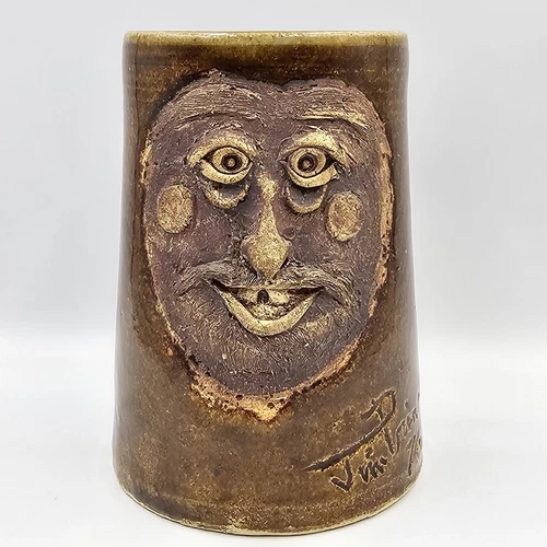 Vintage 1970s Ugly Funny Face 3D Pottery Mug Stein Tankard Signed Jim Prince 6" 
