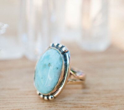 Vintage Boho Larimar Gemstone Oval Ring Sterling Silver Handmade Statement Rings