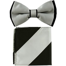New Men's Pre-tied Bowtie And Hankie Set Two Tone Party Prom Silver Black Stripe