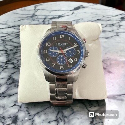 Accurist Men’s Dated Chronograph, Blue/black/red Dial And Stainless Steel  Strap UK