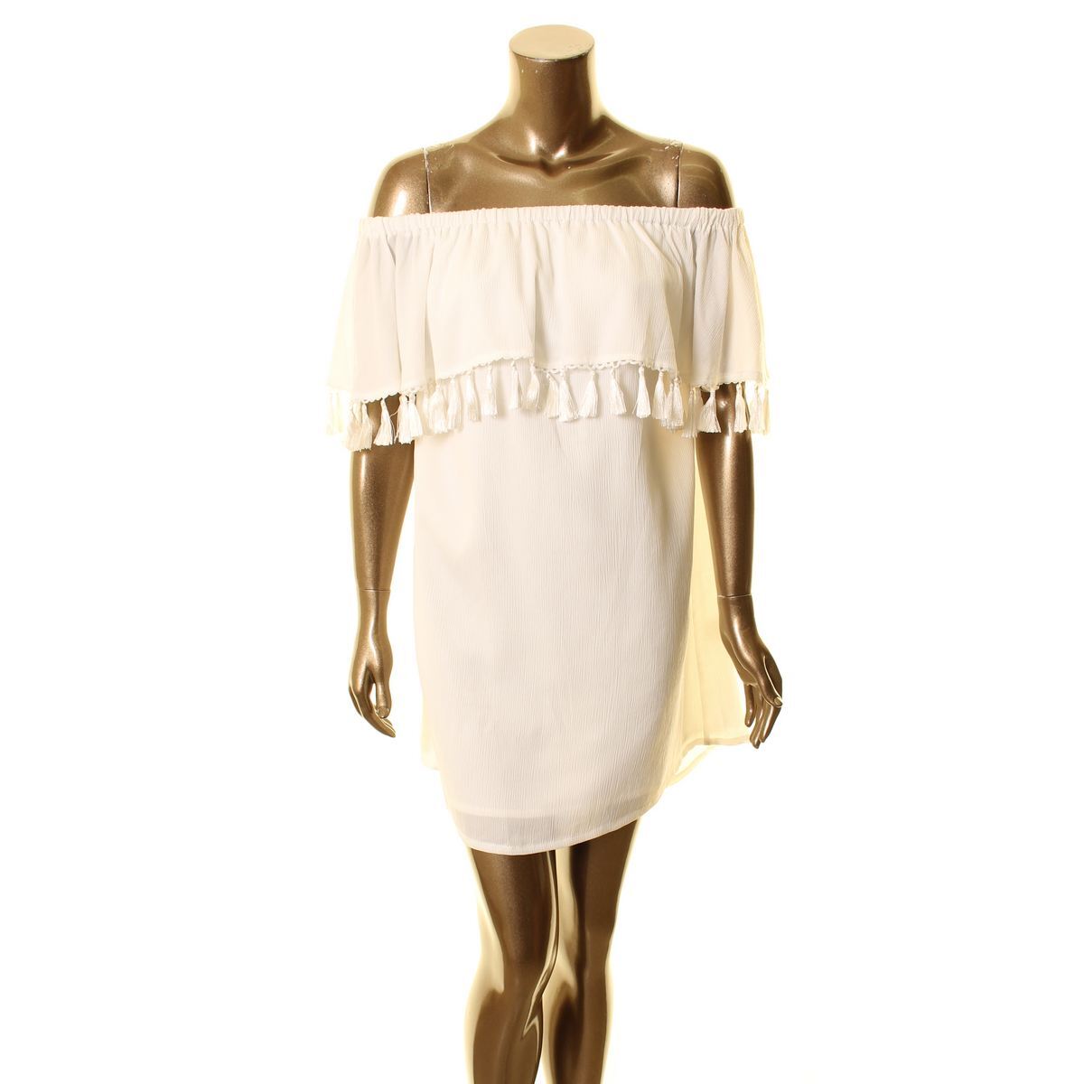 Vestido recto LEA & VIOLA para mujer blanco multi gasa borla fuera del hombro S TEDO