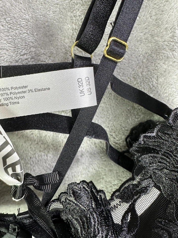 Hustler Lingerie Bra Women’s 32D Push Up Floral Embroidered Mesh Black New - Image 4 of 4