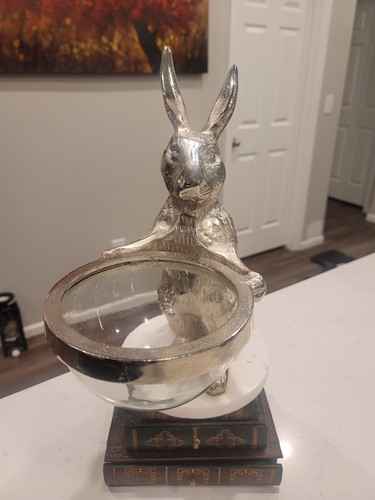14” Silver Easter Rabbit on Marble stand with a Candy Glass Bowl Home Decor