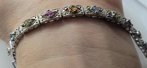 Vintage Amethyst Citrine Peridot Blue Topaz 925 Sterling Silver Tennis Bracelet - Picture 1 of 8