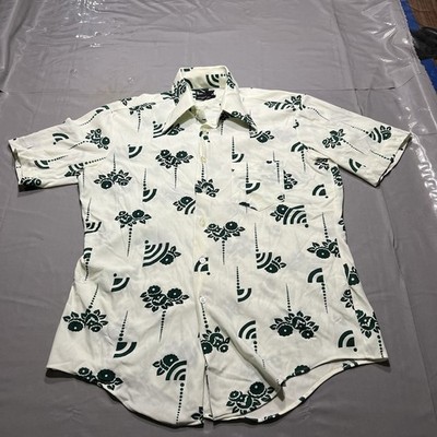 Vintage Floral Hawaiian Shirt Bud Berma Green Geometric Nylon Medium 15-15.5