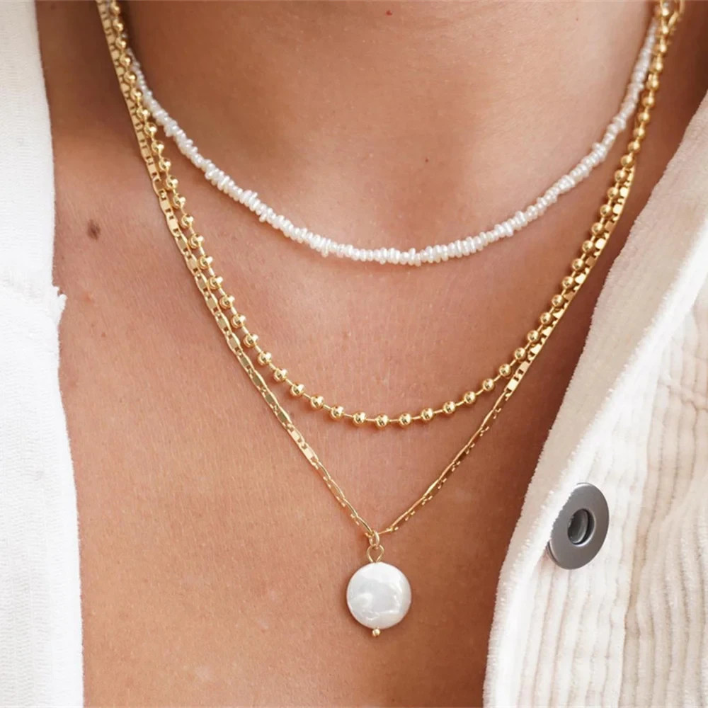 ✨Juego de 3 collar de cadena de oro para mujer collar de perlas colgante joye...