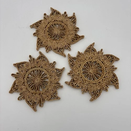 Vintage MCM Boho Woven Straw Raffia Floral Sun Trivet Hot Plates 3 Lot - product listing photo
