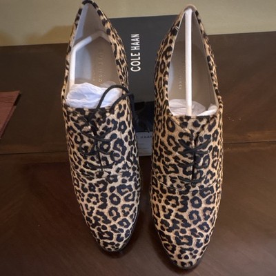 Cole Haan Animal Print Lace-Up Women's Flats 7.5B Brown Black Pointed Toe