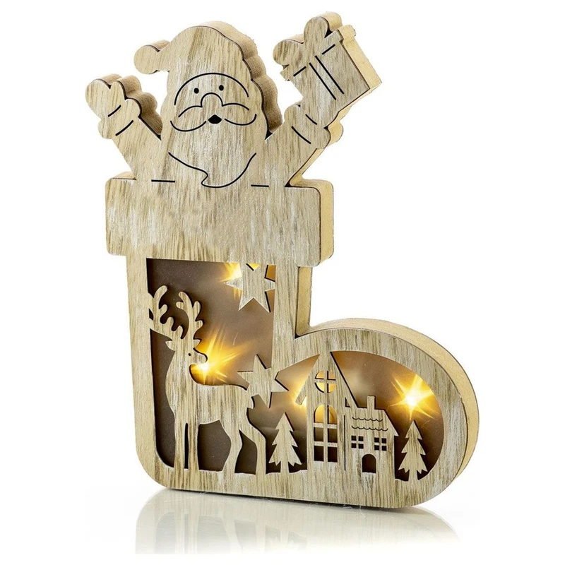 Calza Babbo Natale Decorativa Legno Incisione e LED Evviva 18x25 cm Natale, fotografia 6 di 9