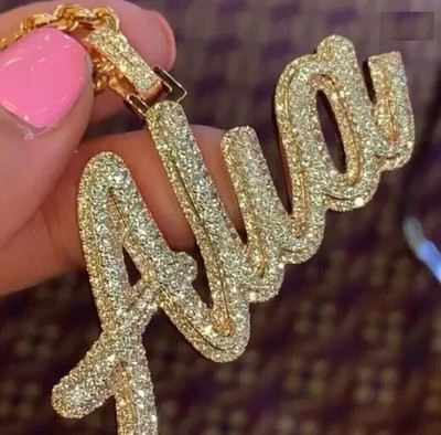 2.5Ct Round Cut Real Moissanite Customised Name Pendant 14K Yellow Gold Plated