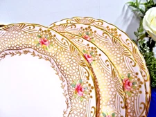 set of 4 Tuscan Lunch plates pink and painted roses Gold gilt work  England
