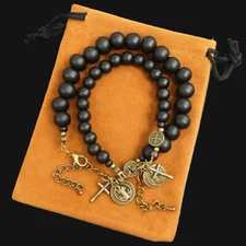Ebony Wood Beads St. Benedict Medal Cross Charm Bracelet Gift