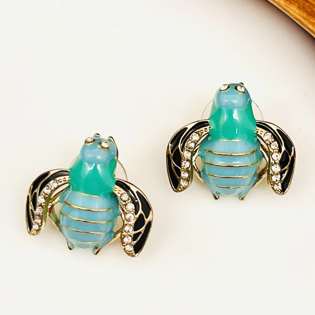 Vintage Whimsical BUMBLE BEE Earrings Rhinestone Gold Black Blue