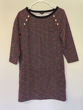 Talbots Tweed Shift Dress 3/4 Sleeve Red Navy Gold Button Detail Sz M Petite