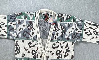 VTG Bugle Boy Cardigan Sweater Mens Medium White Paisley Geometric 90's NEW