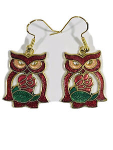 Pair of Gold Tone Pierced Retro Earrings With Red and Maroon Accents