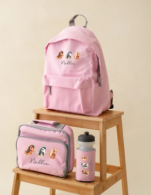 BAGBASE Personalised Kids Backpack, Lunch Box, Bottle, Back to School, 3 Horses Bag Set
