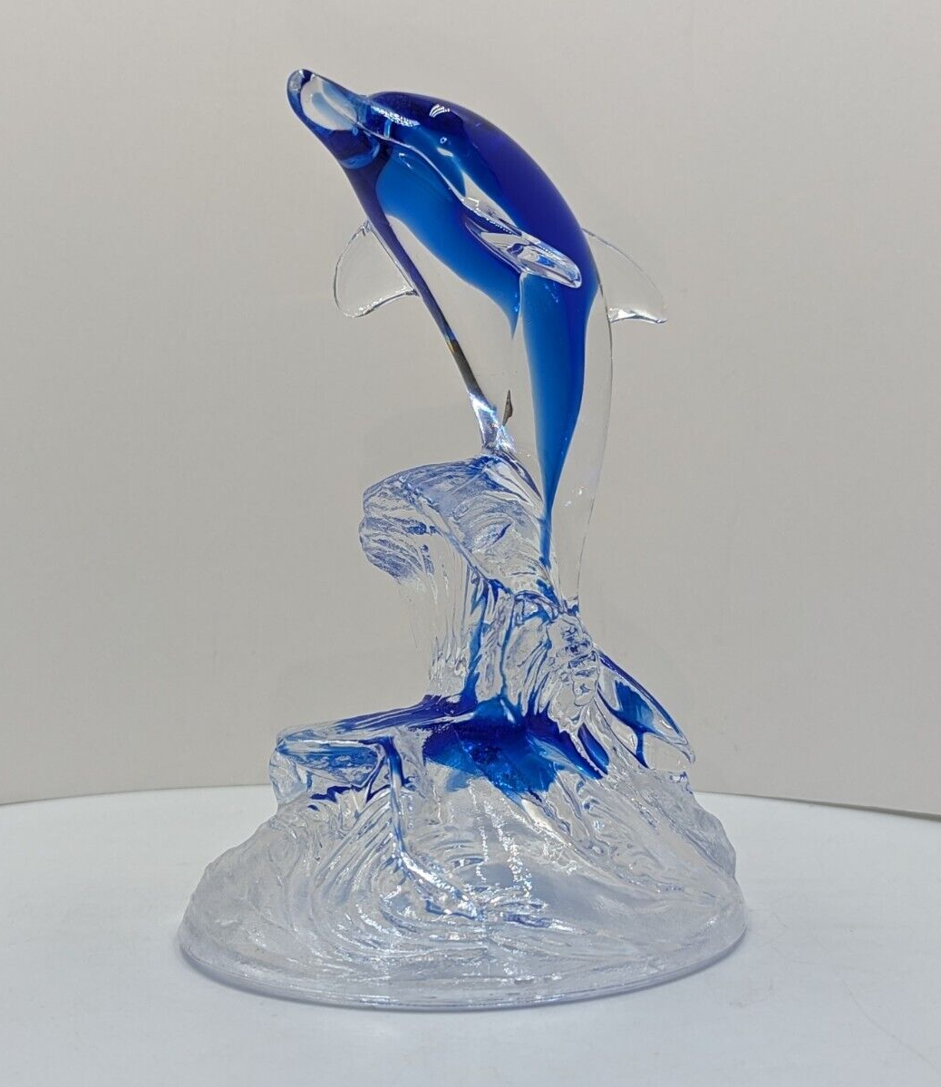 Cristal D'Arques 24% Lead Crystal Art Glass Dolphin Sculpture Cobalt Blue Clear