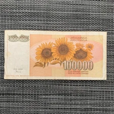 Beautiful Sunflower Used Banknote Yugoslavia 100000 Dinar Currency Paper Money