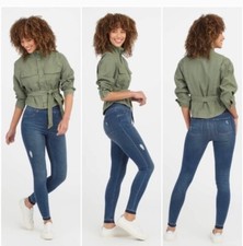 Spanx Distressed Ankle Skinny Jeans Size Small Medium-Wash Stretch Raw Hem