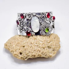 925 Sterling Silver Moonstone & Garnet Gemstone Jewelry Cuff Bracelet ADJ