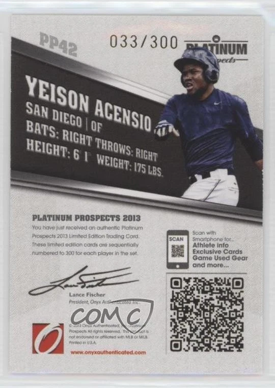2013 Onyx Platinum Prospects /300 Yeison Asencio #PP42 - Image 2 of 2