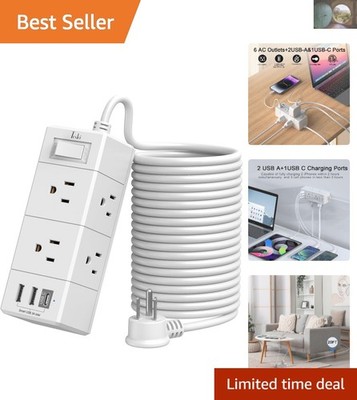 20Ft Extension Cord Power Strip with 6 Outlets & Smart USB - Travel Ready, White