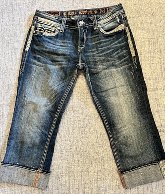 Rock Revival Denisa Capris Jeans Women s 32 Distressed Embroidered Selvedge Cuff
