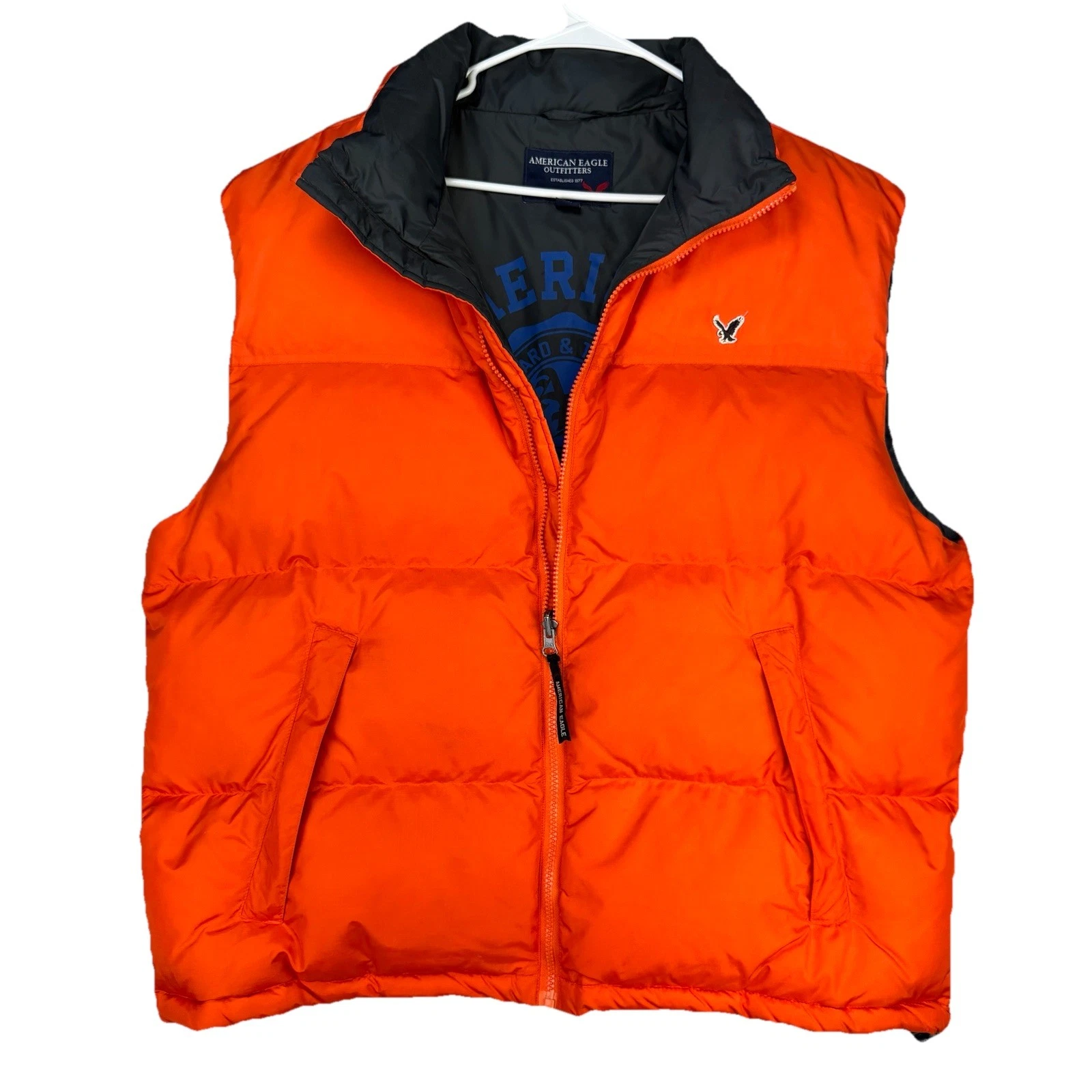 Vtg Y2K American Eagle Reversible Down Puffer Vest Men’s XL Orange Black Logo