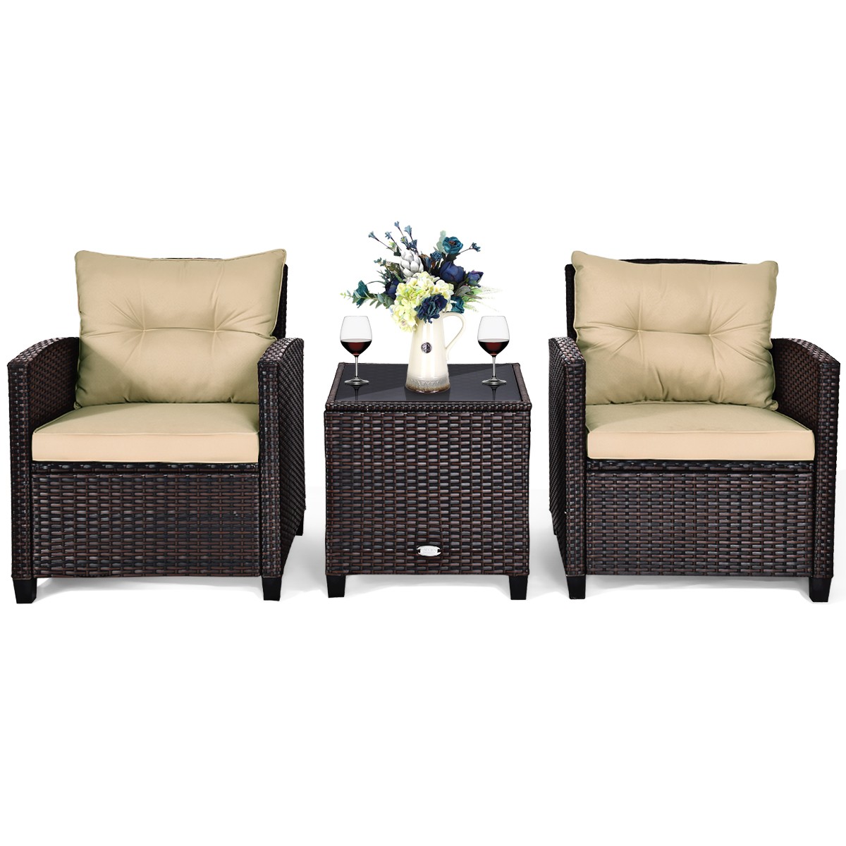 3PCS Patio Rattan Furniture Set Cushioned Conversation Set Sofa Coffee Table