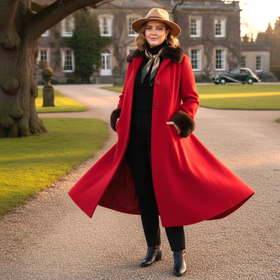 Fox Fur Trim 100% Wool Vintage Maxi Swing Coat Women's 10 Red Made