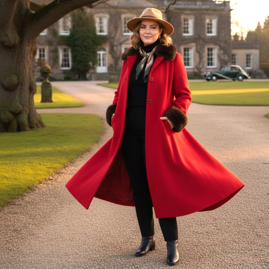 Fox Fur Trim 100% Wool Vintage Maxi Swing Coat Women's 10 Red Made