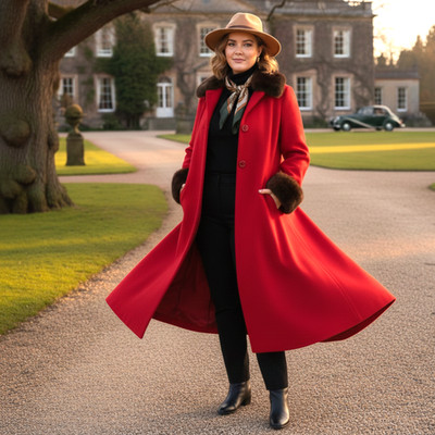 Fox Fur Trim 100% Wool Vintage Maxi Swing Coat Women's 10 Red Made