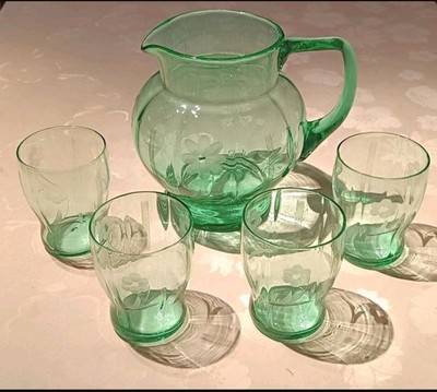 Antiker Uranglaskrug mit 4 Gläsern um 1920-30