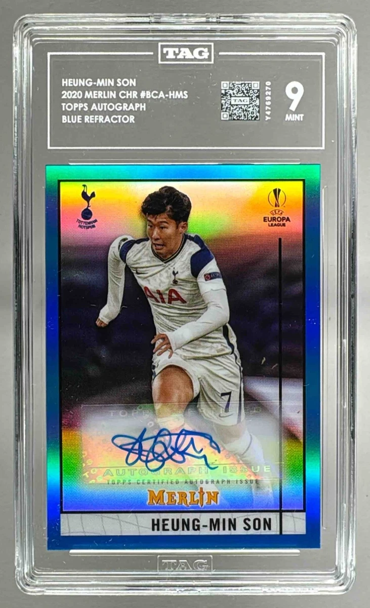 Carte Panini Son Heung-Min 2021-22 Merlin Chrome Blue Refractor /75 - PSA 9, Auto 10