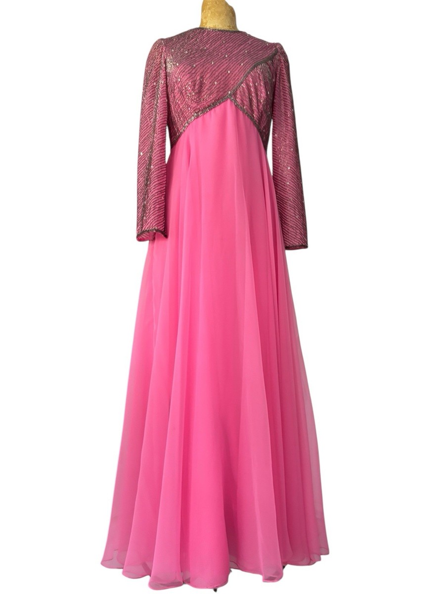 1950s pink chiffon dress  1950s Dreamiest dress! Very sweet pink empire waist gown  Fully  lined chiffon, satin ribbon bustline with embroidered floral detail for a  little pop of color ..  26W / Reduced