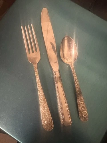 Vintage S. Kirk & Son Repousse Sterling Silver Dinner Fork, Spoon, Knife Set